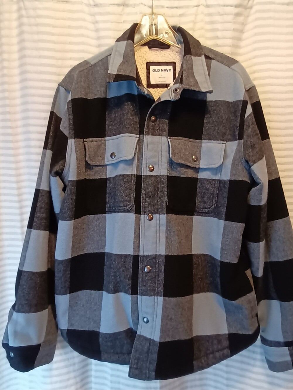 Old Navy Black & Blue Plaid Sherpa-Lined Shirt Jacket Men's Large Gorpcore